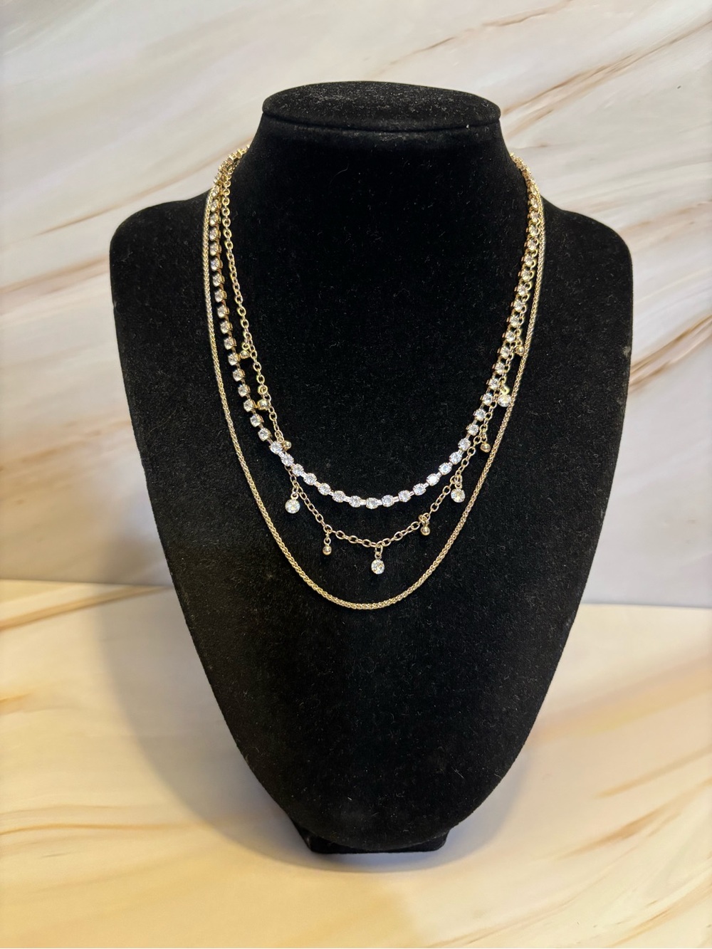 J.Crew Gold Multi-Layer Crystal Necklace 15”+2”